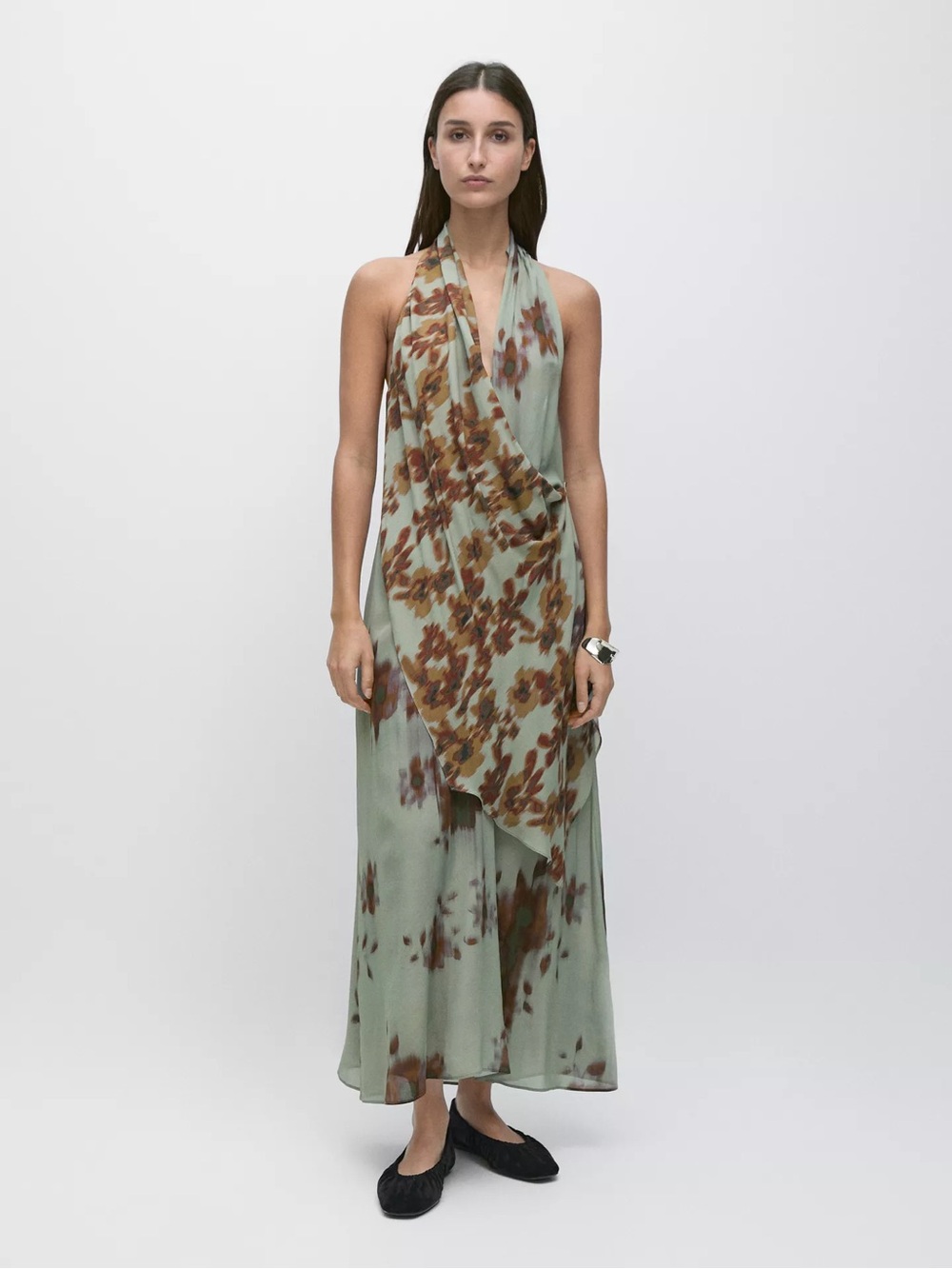 Massimo Dutti Halter Floral Wrap Maxi Dress in Sage and Brown